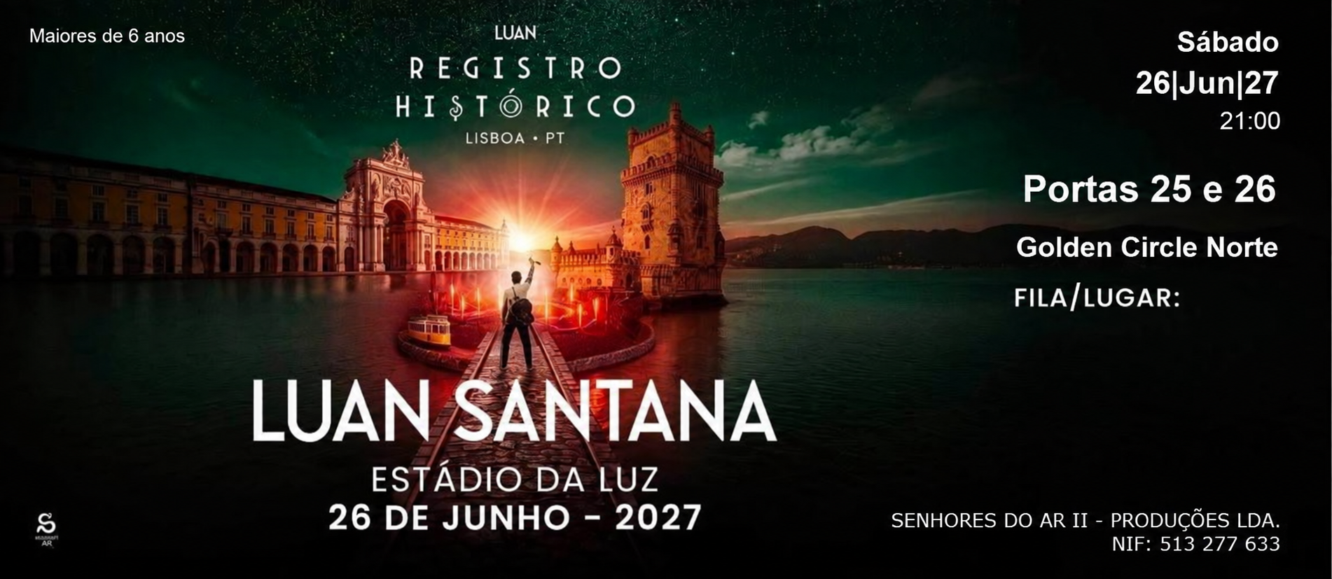 Imagem de referência do bilhete completo do concerto de Luan Santana, sem indicação de preço